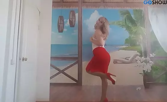 Teasing Milf in Red Skirt and Tan Stockings A Chair Session