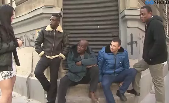 Interracial Orgy with Brunette and CockGagging